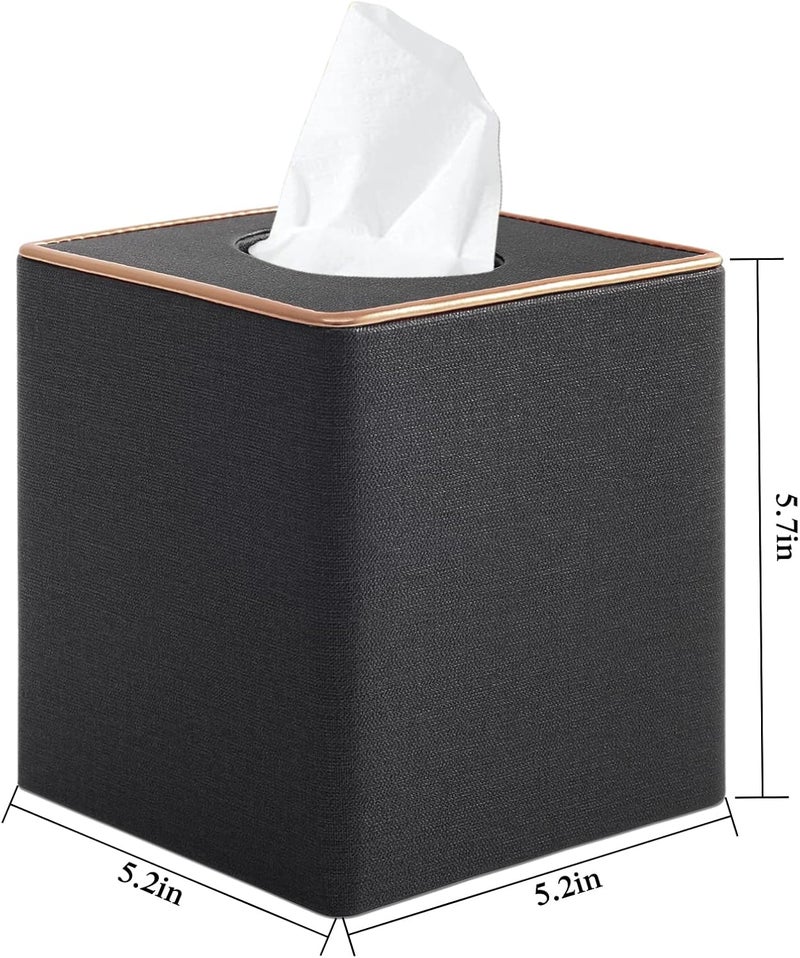 RHCSZ Linen Square Tissue Box Cover,Cube Tissue Box Holder－Excellent Rosegold Leather Decoration,Table Napkin Case Dispenser,Facial Tissues Organizer with Magnetic Bottom for Home Office Car(Black) - Image 3