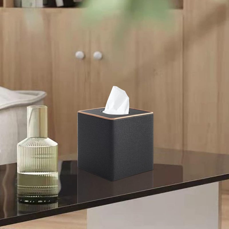 RHCSZ Linen Square Tissue Box Cover,Cube Tissue Box Holder－Excellent Rosegold Leather Decoration,Table Napkin Case Dispenser,Facial Tissues Organizer with Magnetic Bottom for Home Office Car(Black) - Image 2