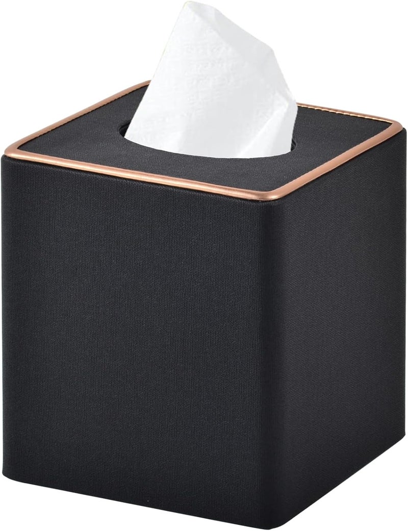 RHCSZ Linen Square Tissue Box Cover,Cube Tissue Box Holder－Excellent Rosegold Leather Decoration,Table Napkin Case Dispenser,Facial Tissues Organizer with Magnetic Bottom for Home Office Car(Black) - Image 1