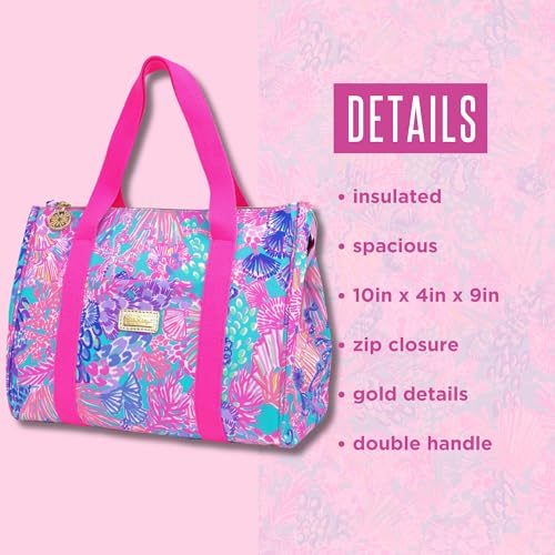 Lilly Pulitzer ليلي بوتلر كيوت لانش باج للنساء، حقيبة معزولة بسعة كبيرة، حقيبة توت باللون الوردي/الأزرق مع جيب تخزين وأشرطة للكتف، سبليندور إن ذا ساند - Image 4