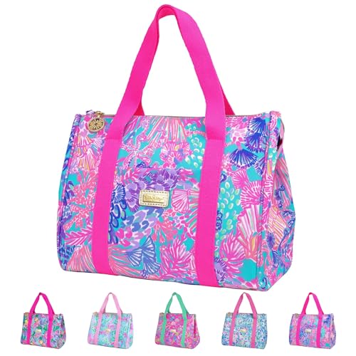 Lilly Pulitzer ليلي بوتلر كيوت لانش باج للنساء، حقيبة معزولة بسعة كبيرة، حقيبة توت باللون الوردي/الأزرق مع جيب تخزين وأشرطة للكتف، سبليندور إن ذا ساند - Image 1