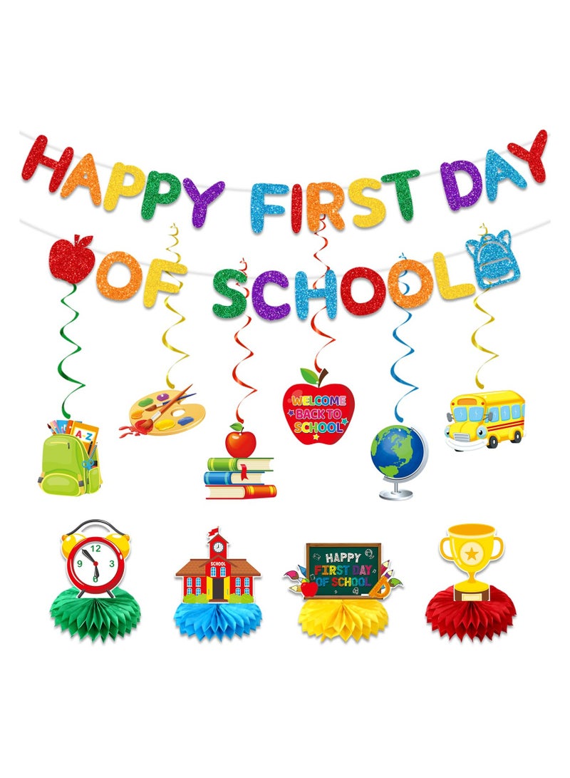 Glittery Happy First Day of School Banner Colorful Back to School Hanging Swril Decorations First Day of School Honeycomb Centerpieces Welcome Back to School Party Classroom Decorations