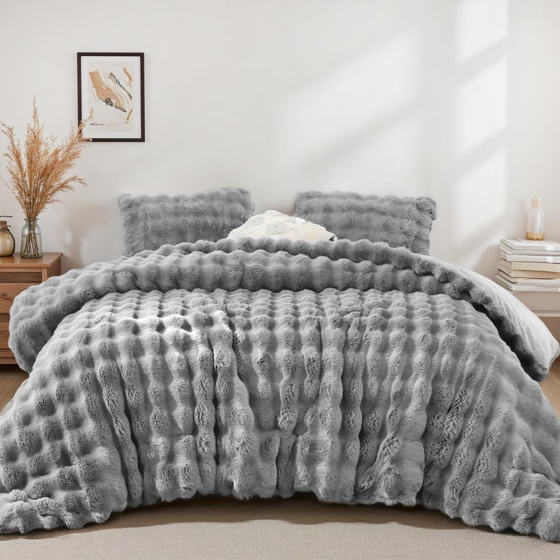 YIKUSH Light Gray Comforter Set King â€“ Ultra Soft & Warm Faux Fur Comforter for Winter, Elegant Fluffy Comforter King Set with Pillowcases, Cozy Gray Bedding Set - Image 1