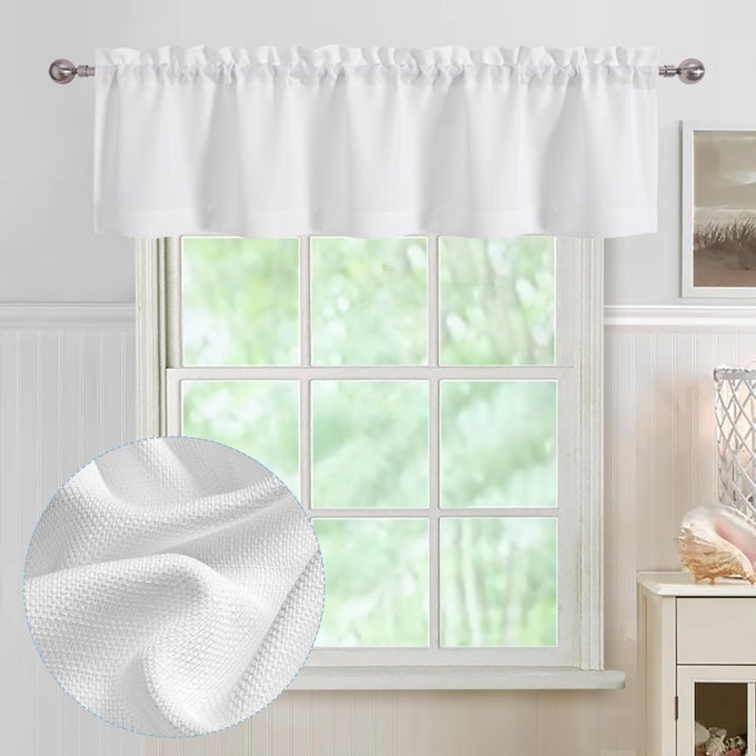 WHITE VALANCE FOR WINDOWS LIGHT FILTERING FAUX LINEN TEXTURED SEMI SHEER SMALL SHORT VALANCE FOR BATHROOM LAUNDRY BASEMENT 60WX14L INCH 1 PIECE