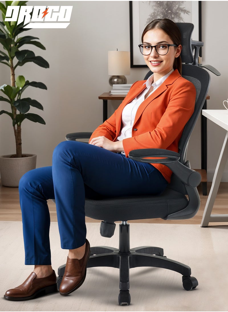DROGO - Premium Ergonomic Office Chair for Work from Home, High Back Computer Chair with Mesh, Flip-up Armrest, Headrest, Recline, Adjustable Seat & Lumbar Support | Mesh Chair for Office Black - Image 1