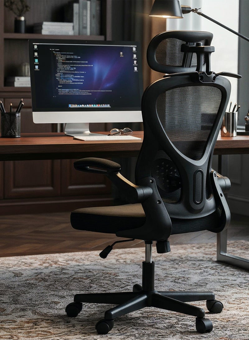 دراجو كرسي مكتب مريح ممتاز للعمل من المنزل، كرسي كمبيوتر عالي الظهر مع شبكة، مسند ذراع قابل للطي، مسند رأس، استلقاء، مقعد قابل للتعديل ودعم أسفل الظهر | كرسي شبكي للمكتب باللون الأسود - Image 1