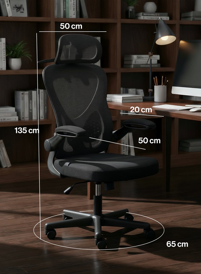 دراجو كرسي مكتب مريح ممتاز للعمل من المنزل، كرسي كمبيوتر عالي الظهر مع شبكة، مسند ذراع قابل للطي، مسند رأس، استلقاء، مقعد قابل للتعديل ودعم أسفل الظهر | كرسي شبكي للمكتب باللون الأسود - Image 3