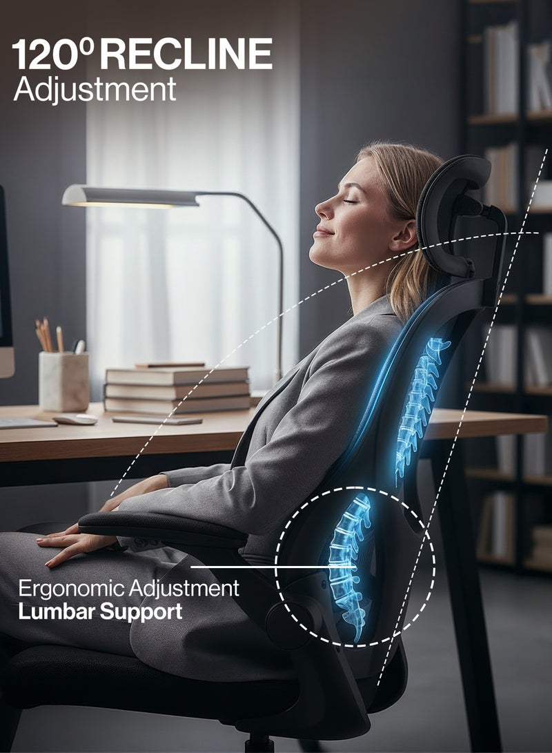 دراجو كرسي مكتب مريح ممتاز للعمل من المنزل، كرسي كمبيوتر عالي الظهر مع شبكة، مسند ذراع قابل للطي، مسند رأس، استلقاء، مقعد قابل للتعديل ودعم أسفل الظهر | كرسي شبكي للمكتب باللون الأسود - Image 4