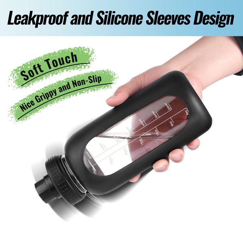 EALGRO 64 oz Glass Water Bottle With Straw and Handle, Half Gallon Sports Motivational Water Jug Flask with Silicone Sleeve, Large Water Cup with Time Marker for Travel, Gym, Army Green - Image 4