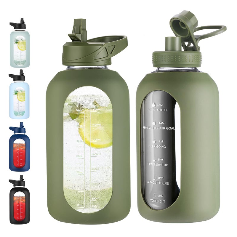 EALGRO 64 oz Glass Water Bottle With Straw and Handle, Half Gallon Sports Motivational Water Jug Flask with Silicone Sleeve, Large Water Cup with Time Marker for Travel, Gym, Army Green - Image 1