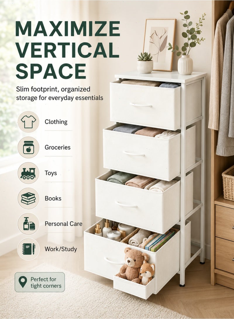 4 Drawer Dresser, Fabric Storage Cabinet with Steel Frame and MDF Top, Bedroom Clothes Organizer Chest of Drawers for Closet and Living Room, White - Image 2