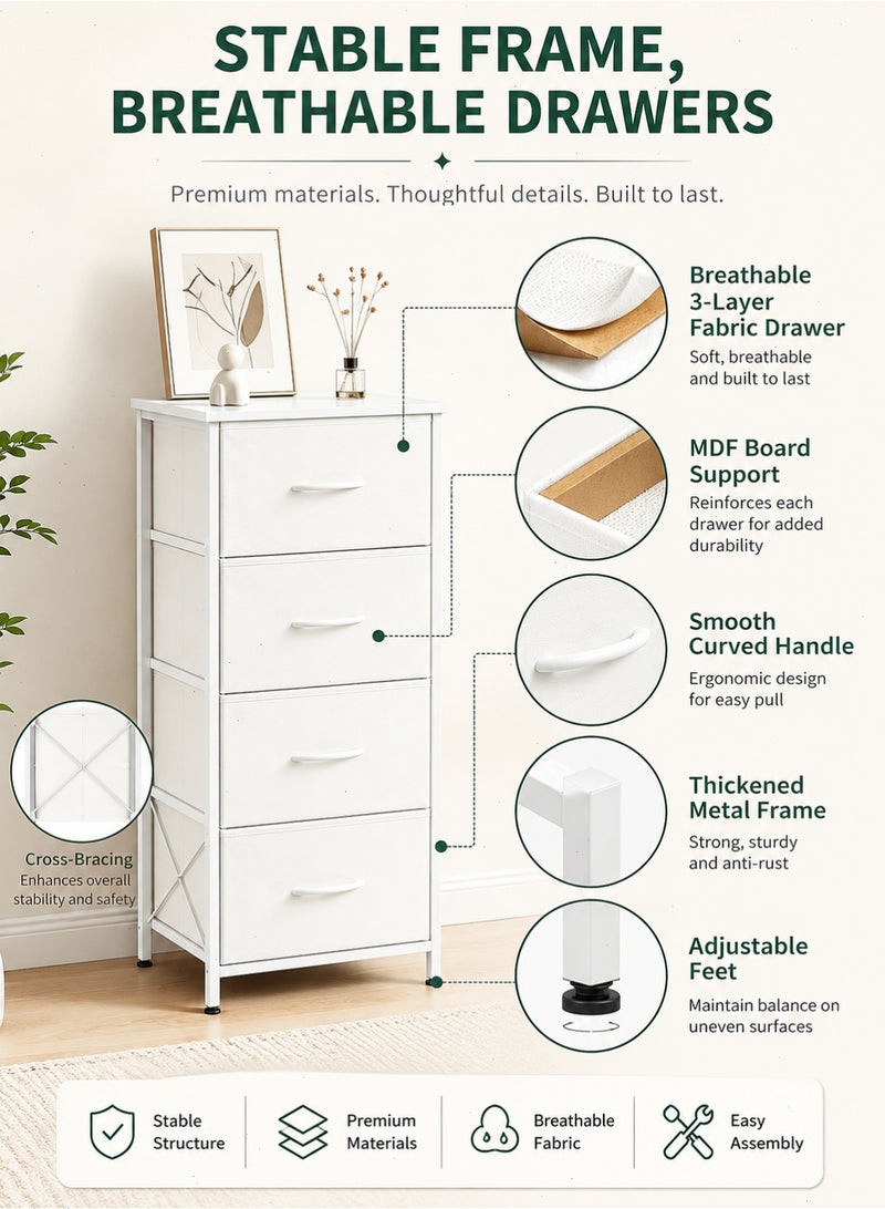 4 Drawer Dresser, Fabric Storage Cabinet with Steel Frame and MDF Top, Bedroom Clothes Organizer Chest of Drawers for Closet and Living Room, White - Image 3