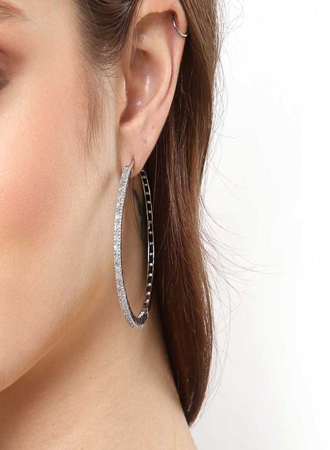 KENNICE Rhodium-Plated White American Diamond Studded Hoop Earrings Jewellery for Women & Girls - Image 4