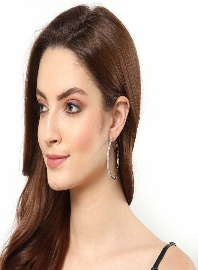 KENNICE Rhodium-Plated White American Diamond Studded Hoop Earrings Jewellery for Women & Girls - Image 3