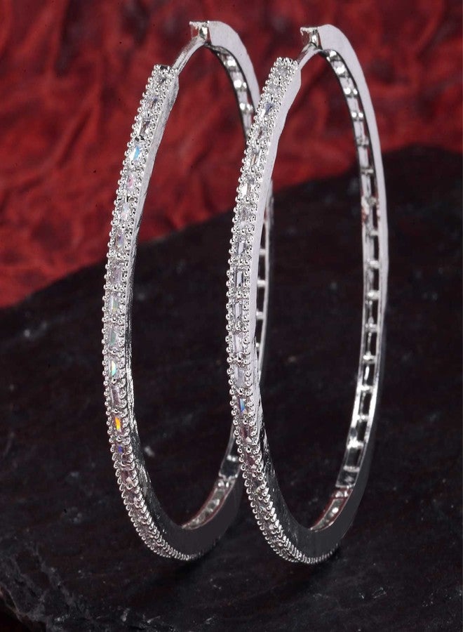 KENNICE Rhodium-Plated White American Diamond Studded Hoop Earrings Jewellery for Women & Girls - Image 2