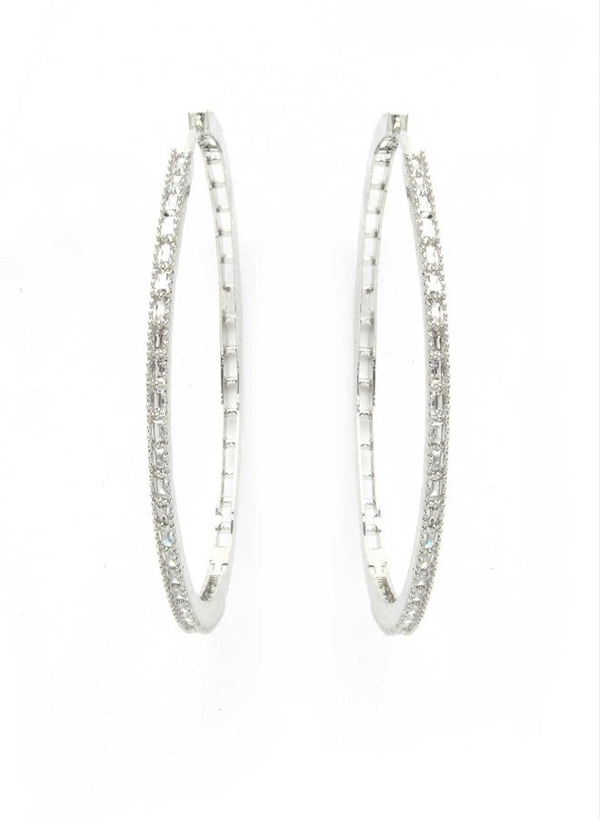 KENNICE Rhodium-Plated White American Diamond Studded Hoop Earrings Jewellery for Women & Girls - Image 1