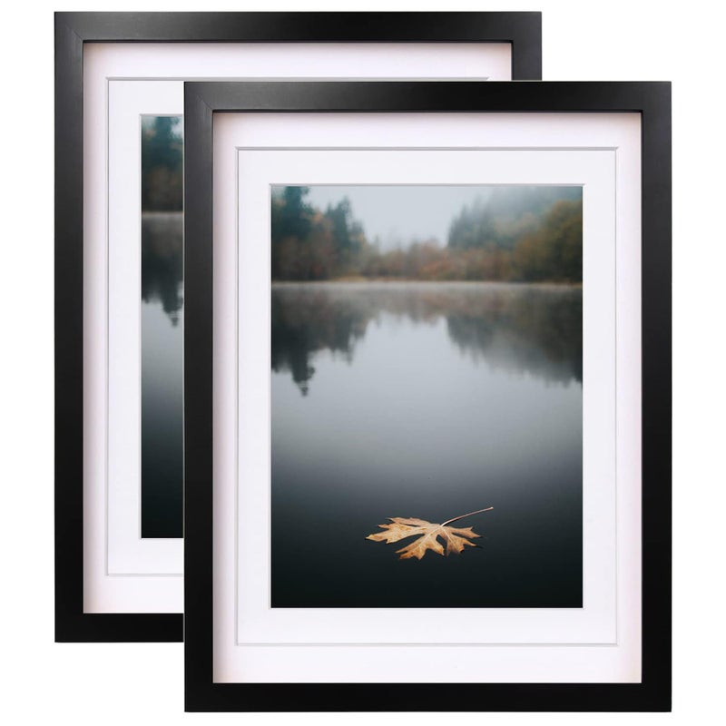 Egofine 12x16 Picture Frames Black Set of 2  Solid Wood Frames With Plexiglass Front Display 9x12 or 11x14 Mat for Table Top and Wall Mounting
