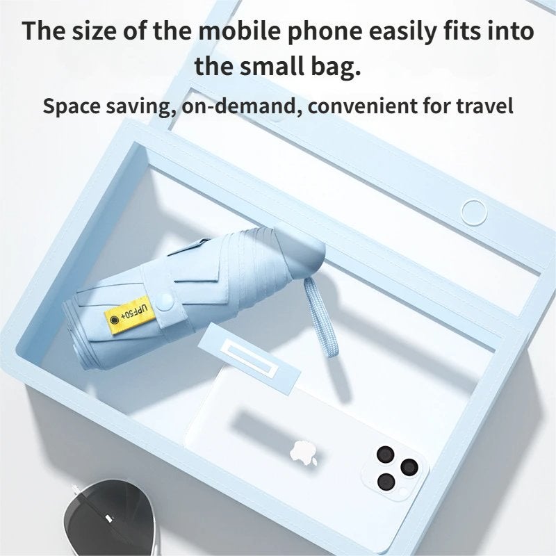 مظلة قابلة للطي صغيرة محمولة، مظلة جيب خفيفة للغاية مع علبة تخزين، حماية من الأشعة فوق البنفسجية، مقبض أسود - Image 5