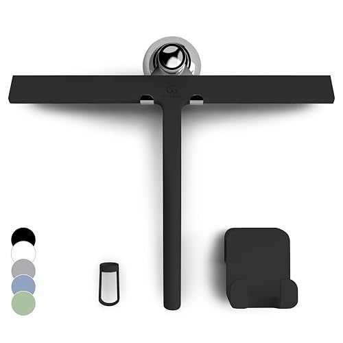 GÜTEWERK Silicone Shower Squeegee for Glass Doors & Mirrors with Stainless Steel Core, Streak-Free & No-Squeak Window Cleaning, 3-in-1 No-Drill Mount (Hook/Suction/Adhesive),Black, 13 Inches - Image 1