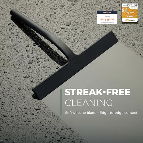 GÜTEWERK Silicone Shower Squeegee for Glass Doors & Mirrors with Stainless Steel Core, Streak-Free & No-Squeak Window Cleaning, 3-in-1 No-Drill Mount (Hook/Suction/Adhesive),Black, 13 Inches - Image 2