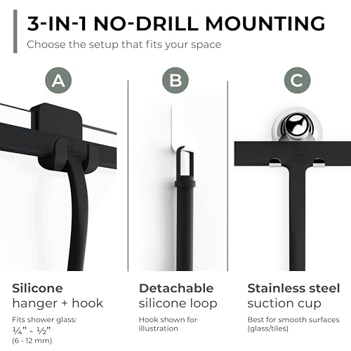 GÜTEWERK Silicone Shower Squeegee for Glass Doors & Mirrors with Stainless Steel Core, Streak-Free & No-Squeak Window Cleaning, 3-in-1 No-Drill Mount (Hook/Suction/Adhesive),Black, 13 Inches - Image 3