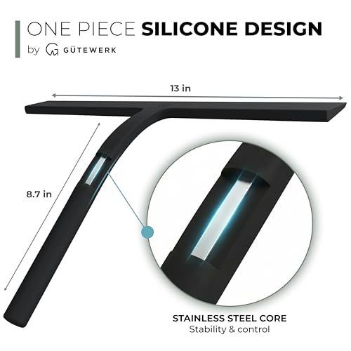 GÜTEWERK Silicone Shower Squeegee for Glass Doors & Mirrors with Stainless Steel Core, Streak-Free & No-Squeak Window Cleaning, 3-in-1 No-Drill Mount (Hook/Suction/Adhesive),Black, 13 Inches - Image 4