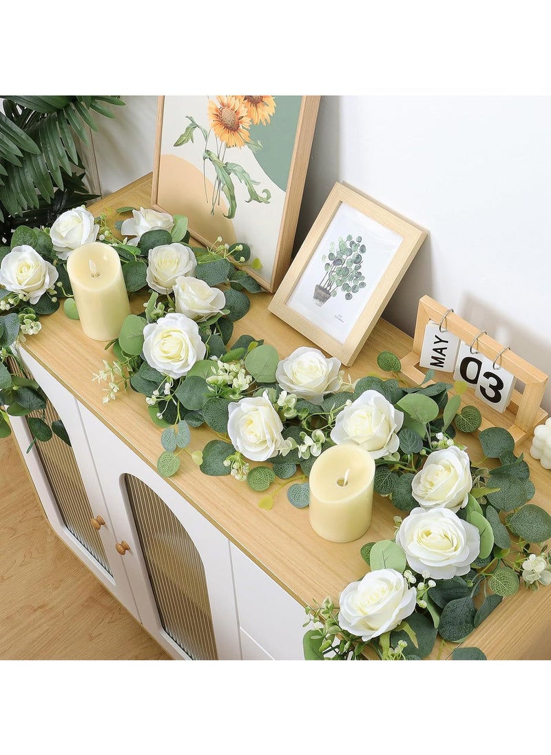 OMEVE Table Flag Flower Artificial Rose Garland Fake Rose Vine Garland Artificial Rose Vines Garland White Artificial Flower Garlands for Hotel Wedding Home Party Garden Craft Art Decor(1PCS 70inch White)  - Image 1
