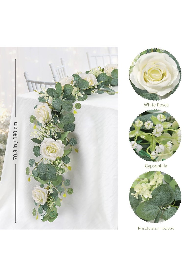 OMEVE Table Flag Flower Artificial Rose Garland Fake Rose Vine Garland Artificial Rose Vines Garland White Artificial Flower Garlands for Hotel Wedding Home Party Garden Craft Art Decor(1PCS 70inch White)  - Image 2
