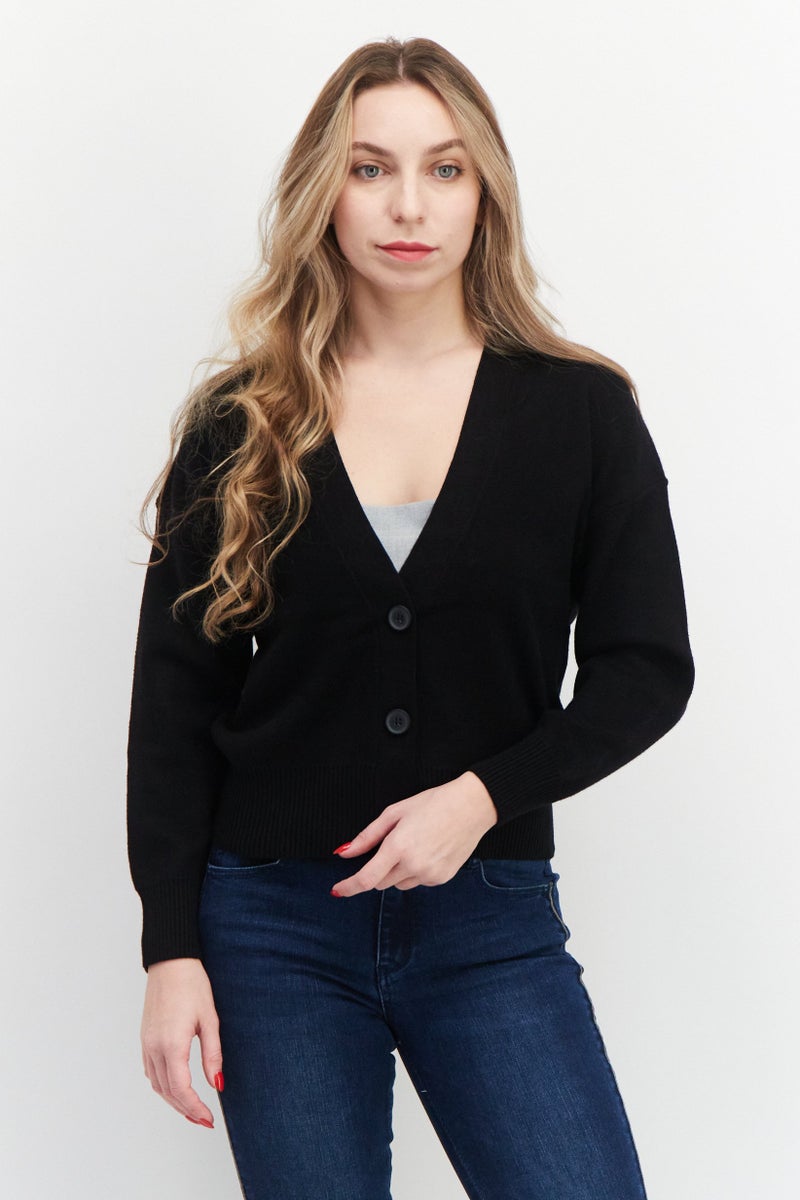 T Tahari Women V Neck Long Sleeves Textured Sweater, Black - Image 1