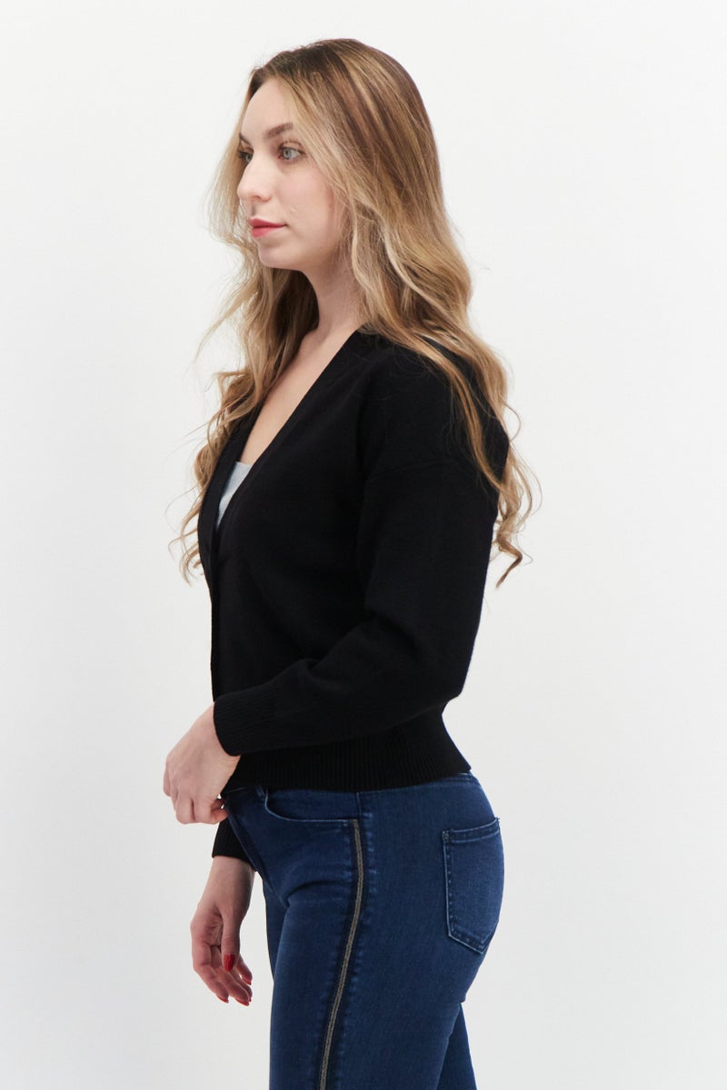 T Tahari Women V Neck Long Sleeves Textured Sweater, Black - Image 2