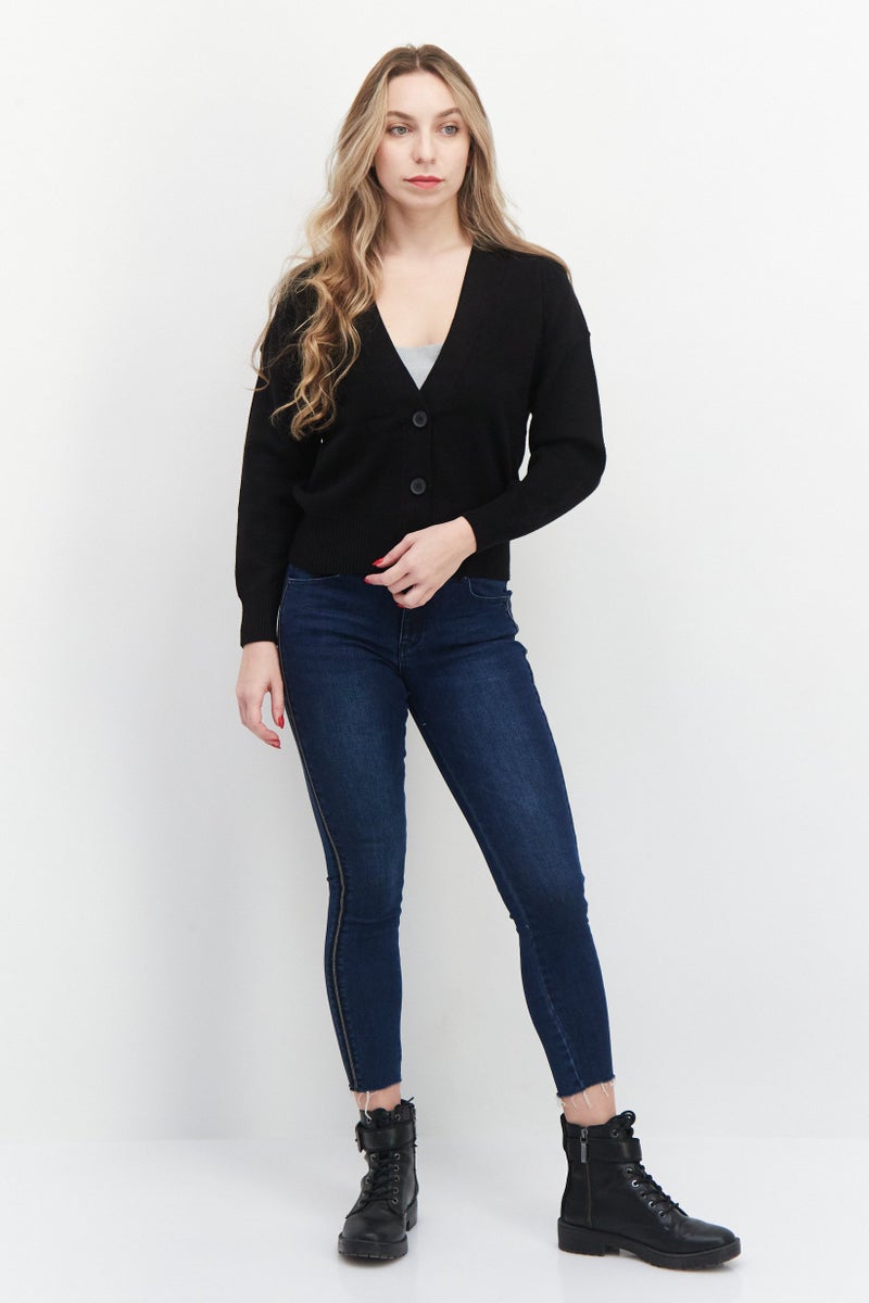 T Tahari Women V Neck Long Sleeves Textured Sweater, Black - Image 4