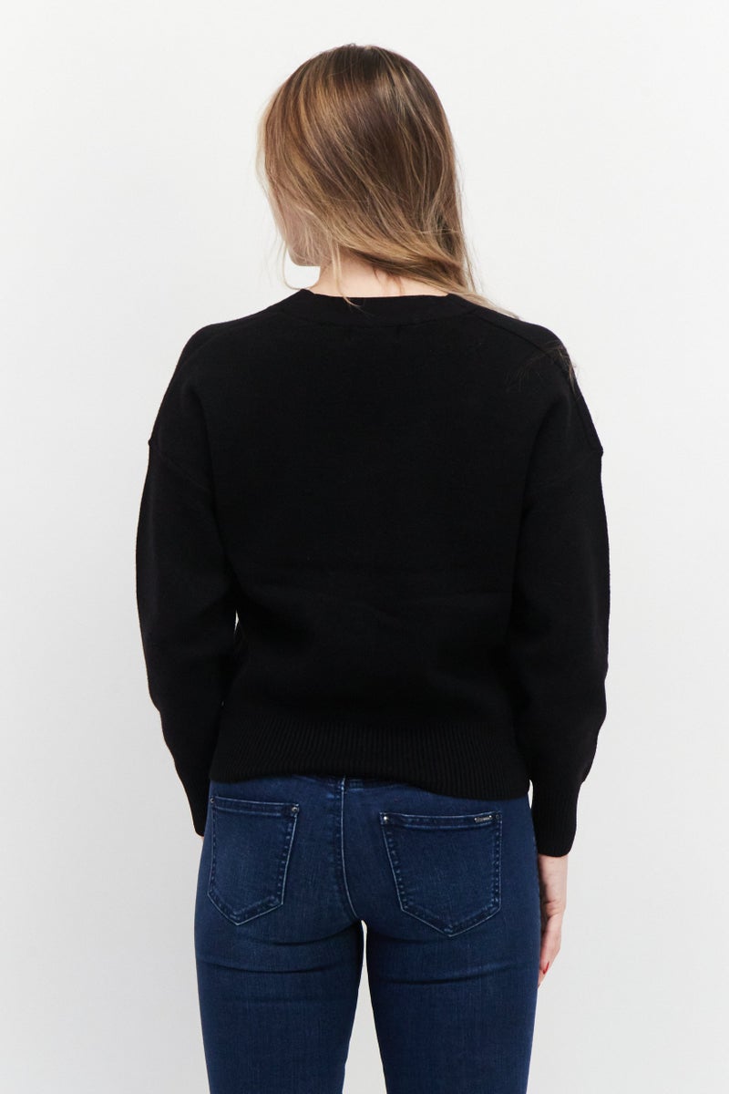 T Tahari Women V Neck Long Sleeves Textured Sweater, Black - Image 3