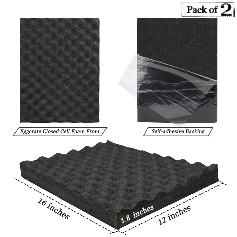 BXI Soundproofing Closed Cell Foam - 2 Pack Self-Adhesive 16'' X 12'' X 1.8'' Thickened Egg Crate Sound Proof Foam - Acoustic Foam Panels Great for Noise & Thermal Insulation (Black) - Image 2