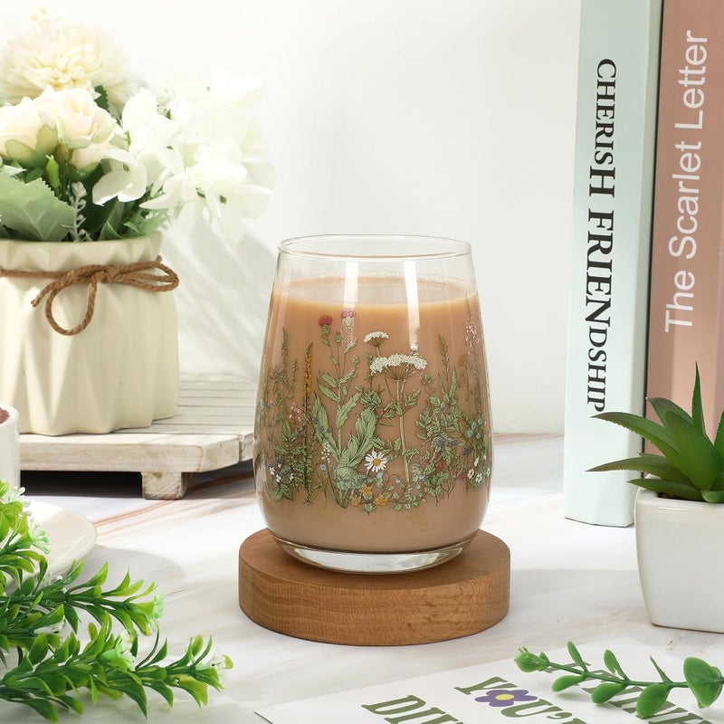 Whaline 2Pcs Stemless Wine Glasses 17oz Watercolor Wildflower Drinking Glasses Floral Tumbler Cups for Spring Party Supplies Gifts - Image 3