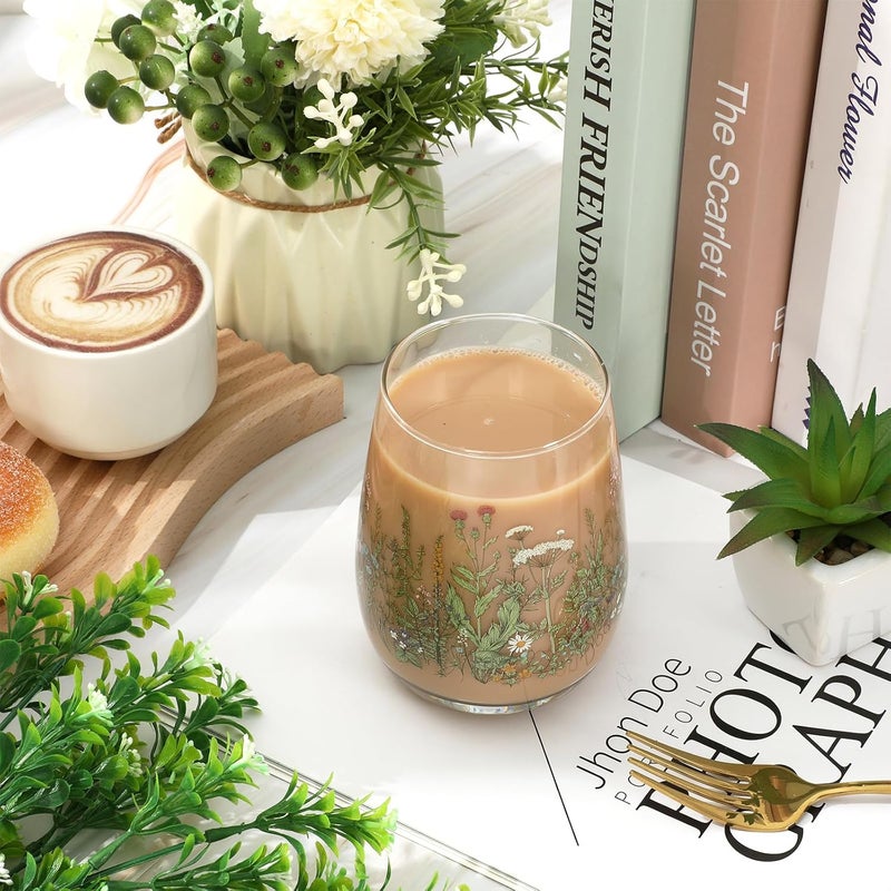 Whaline 2Pcs Stemless Wine Glasses 17oz Watercolor Wildflower Drinking Glasses Floral Tumbler Cups for Spring Party Supplies Gifts - Image 5