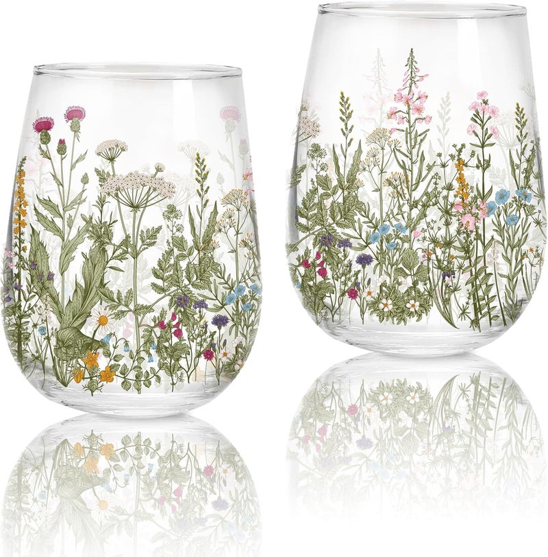 Whaline 2Pcs Stemless Wine Glasses 17oz Watercolor Wildflower Drinking Glasses Floral Tumbler Cups for Spring Party Supplies Gifts - Image 1