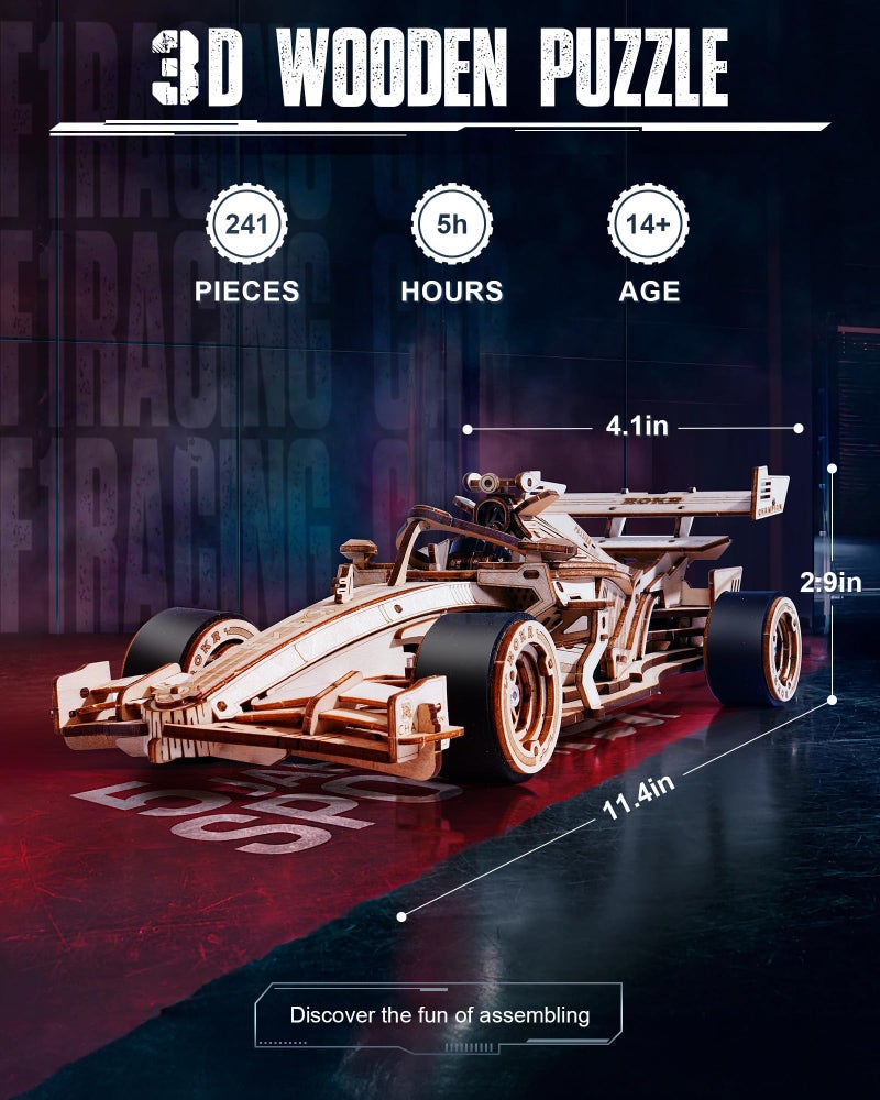 ROKR 3D Wooden Puzzle 1:18 Scale Formula Racing Cars for Adults, 5 Hour Build, Wind up Toys Model Car Kits for Adults to Build, Ideal Gift for Boys and Men - Image 3