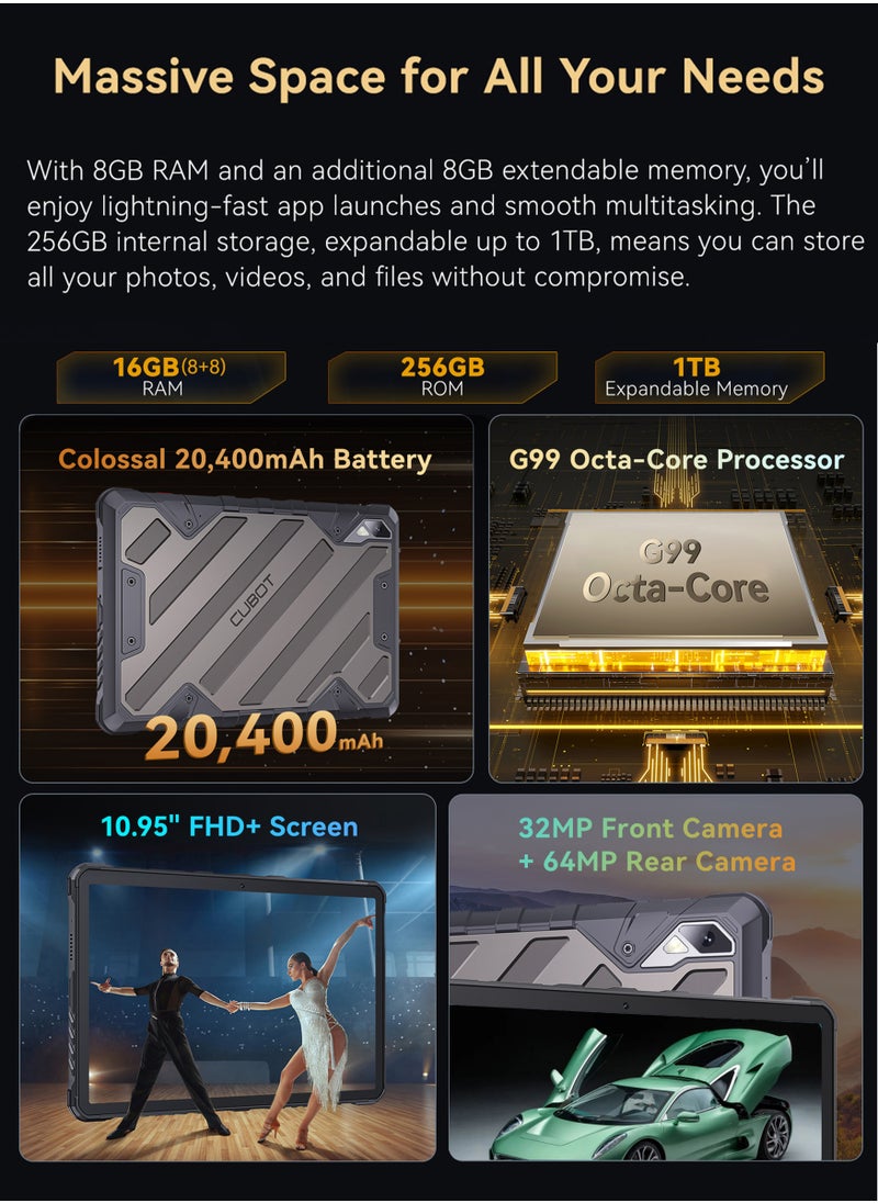 Cubot Tab Kingkong 2 Rugged Tablet 10.95 Inch FHD+ Android 14 Tablet 8GB RAM+256GB ROM IP68/IP69K Waterproof Tablet With 64+32MP Camera Dual SIM 4G Tablet -Black  - Image 2