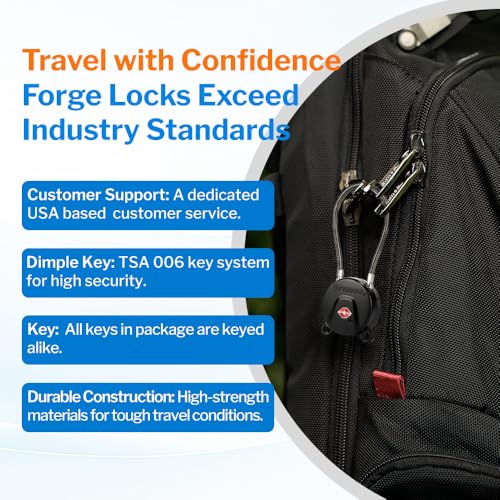 Forge TSA Approved Luggage Locks Ultra-Secure Dimple Key Travel Locks with Zinc Alloy Body- Black 4 Cable Locks - Image 5
