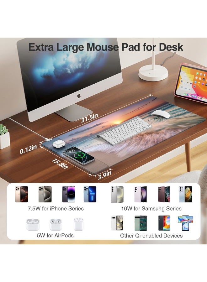 abc.mat Wireless Charging Mouse Pad, 31.5"x15.8" Large Gaming Desk Mat for Keyboard/Laptop, Waterproof Ultra-Smooth Surface, Non-Slip Base, Beach Sunset - Image 3