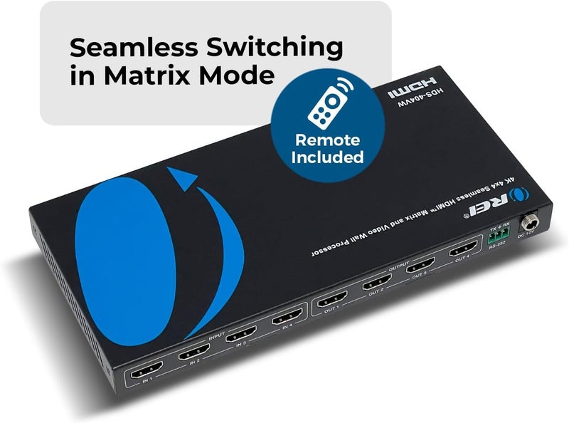 OREI 4K 4x4 Seamless HDMI Matrix Switch 1080P Video Wall Controller Processor up to 4K 30Hz 4:2:0-180 Degree Rotation via RS-232, Bezel, HDCP 1.4, UltaHD 2x2, 1x4, 1x2, - Image 2