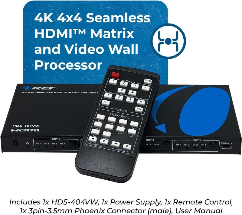 OREI 4K 4x4 Seamless HDMI Matrix Switch 1080P Video Wall Controller Processor up to 4K 30Hz 4:2:0-180 Degree Rotation via RS-232, Bezel, HDCP 1.4, UltaHD 2x2, 1x4, 1x2, - Image 4