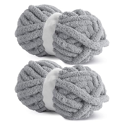 HOMBYS Light Grey Chunky Chenille Yarn for Crocheting, Bulky Thick Fluffy Yarn for Knitting,Super Bulky Chunky Yarn for Hand Knitting Blanket, Soft Plush Yarn, 2 Jumbo Pack (27 yds,8 oz Each Skein) - Image 1