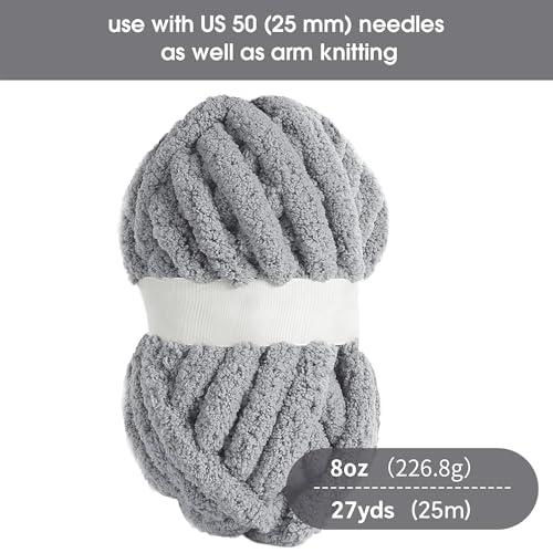 HOMBYS Light Grey Chunky Chenille Yarn for Crocheting, Bulky Thick Fluffy Yarn for Knitting,Super Bulky Chunky Yarn for Hand Knitting Blanket, Soft Plush Yarn, 2 Jumbo Pack (27 yds,8 oz Each Skein) - Image 2