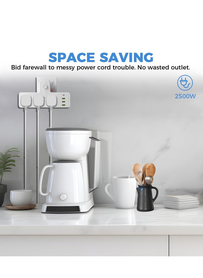 7-in-1 Multi Plug Wall Extender, 3 Outlets + 3 USB + Type-C Port, 2500W Surge Protected Universal Power Socket for Daily Use - Image 4