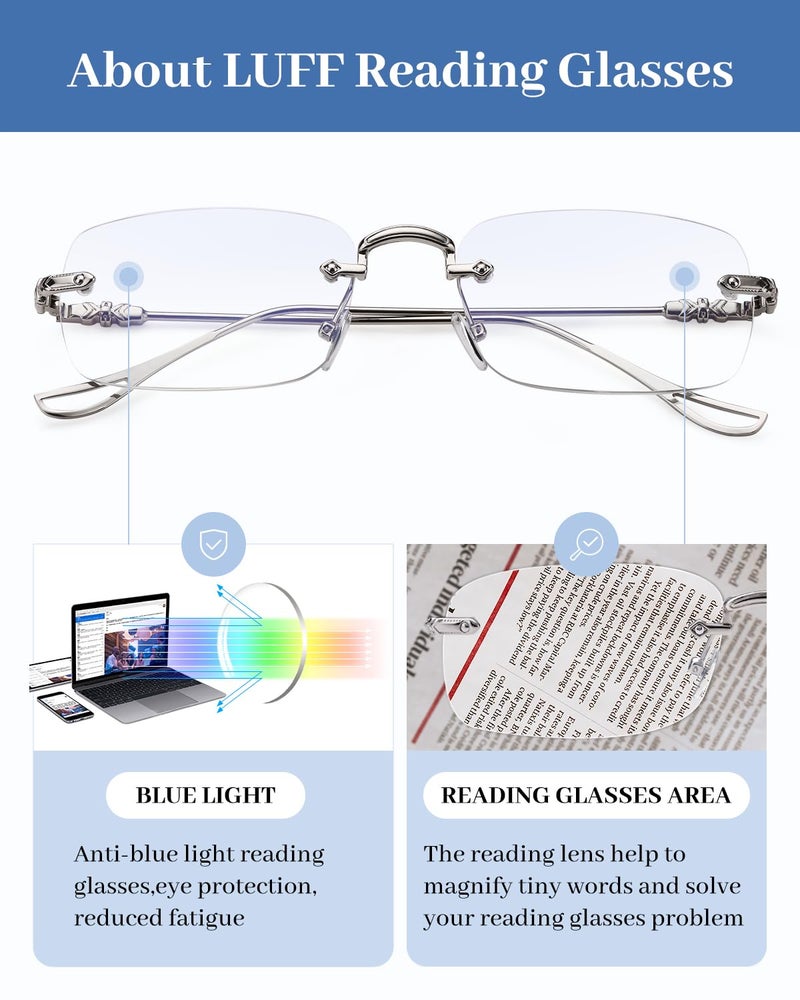 LUFF Reading Glasses Men Women,Rimless Mens Readers Blue Light Metal Computer Eyeglasses Anti-Eyestrain/Dryness/Glare(0.6oz) - Image 5