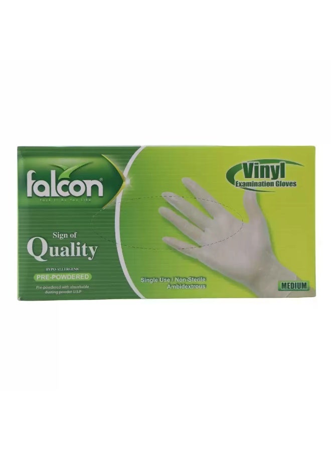 Falcon Vinyl Examination Hypo Allergenic Pre Powdered Gloves Absorbable Dusting Powder, Medium- 100pcs - Image 1