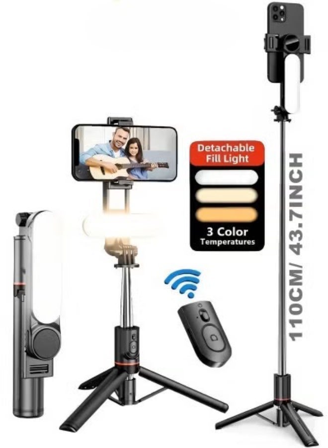 43.7 inches(110cm) Selfie Stick Tripod, Extendable Tripod with Rechargeable Bluetooth Remote,Removable fill light， Compatible with iPhone and Android Smartphones, Perfect for Travel, Vlog, Video and Photo, Black - Image 1