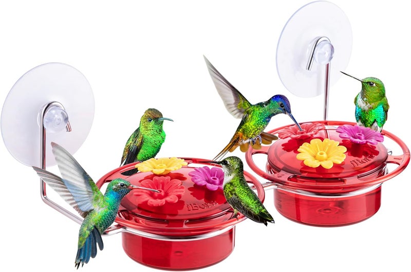 مغذي طيور النحل من نوع iBorn Window Hummingbird Feeder، يتميز بكوب شفط قوي، مغذيات صغيرة مناسبة للاستخدام في الهواء الطلق، فتحات تغذية مقاومة للنحل، وقاعدة مصنوعة من الفولاذ المقاوم للصدأ، سعة 3 أونصات، موديل جديد لعام 2025. - Image 1