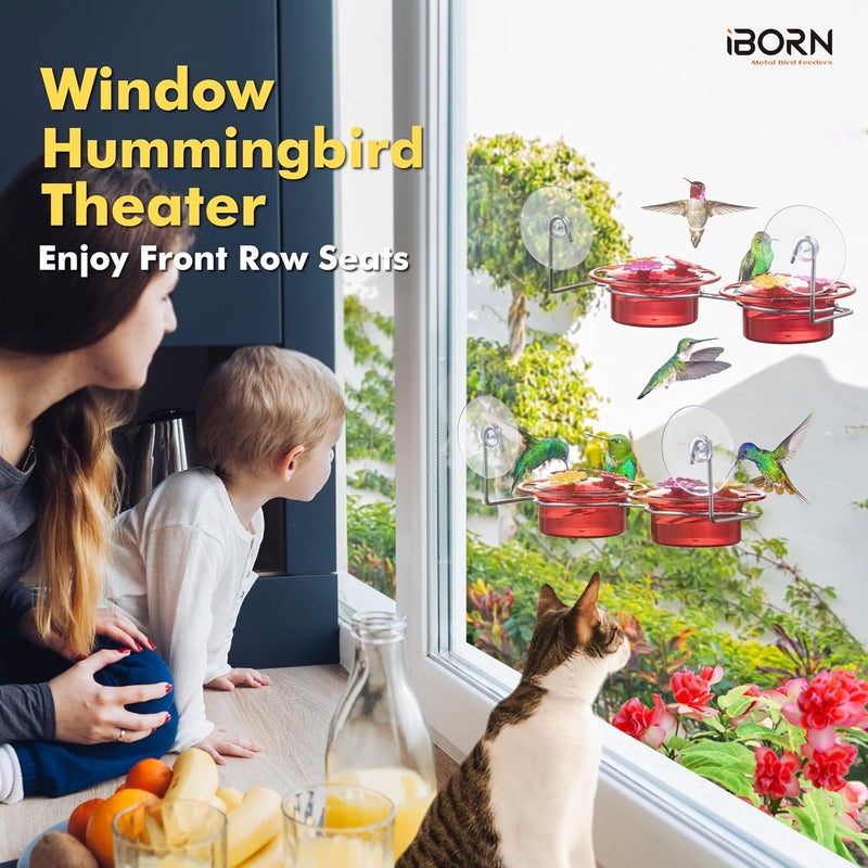 مغذي طيور النحل من نوع iBorn Window Hummingbird Feeder، يتميز بكوب شفط قوي، مغذيات صغيرة مناسبة للاستخدام في الهواء الطلق، فتحات تغذية مقاومة للنحل، وقاعدة مصنوعة من الفولاذ المقاوم للصدأ، سعة 3 أونصات، موديل جديد لعام 2025. - Image 3